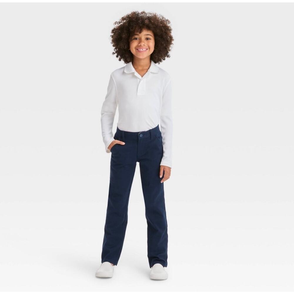 Girls' Straight Fit Uniform Pants - Cat & Jack™ Blue Adjustable Waistband